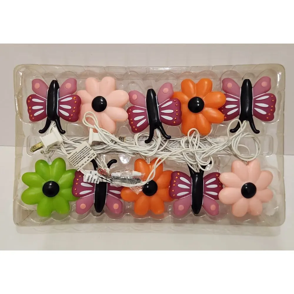Vintage Butterfly & Flower Blow Mold String Lights Patio Indoor/Outdoor Set Of 2